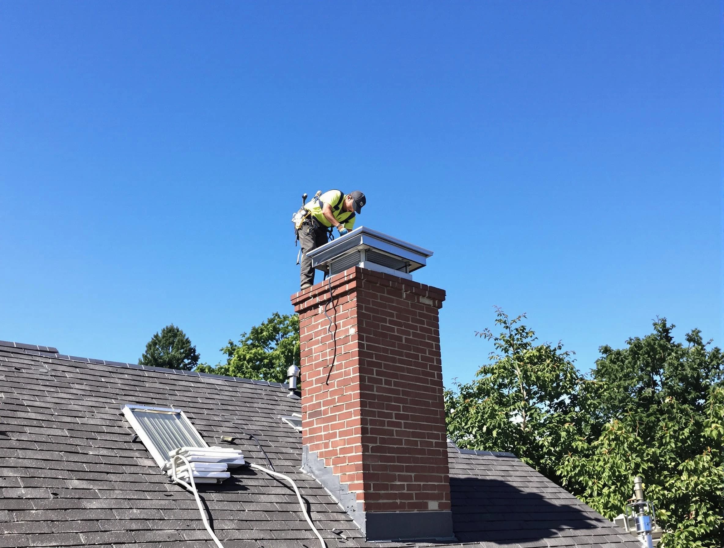Bonanza Chimney Sweep technician measuring a chimney cap in Bonanza, GA